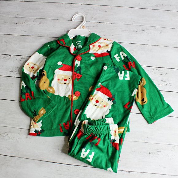 Carter's Boy's 2 Pc Pajama Set Size 2T Green Red Santa Claus Christmas - Picture 1 of 3
